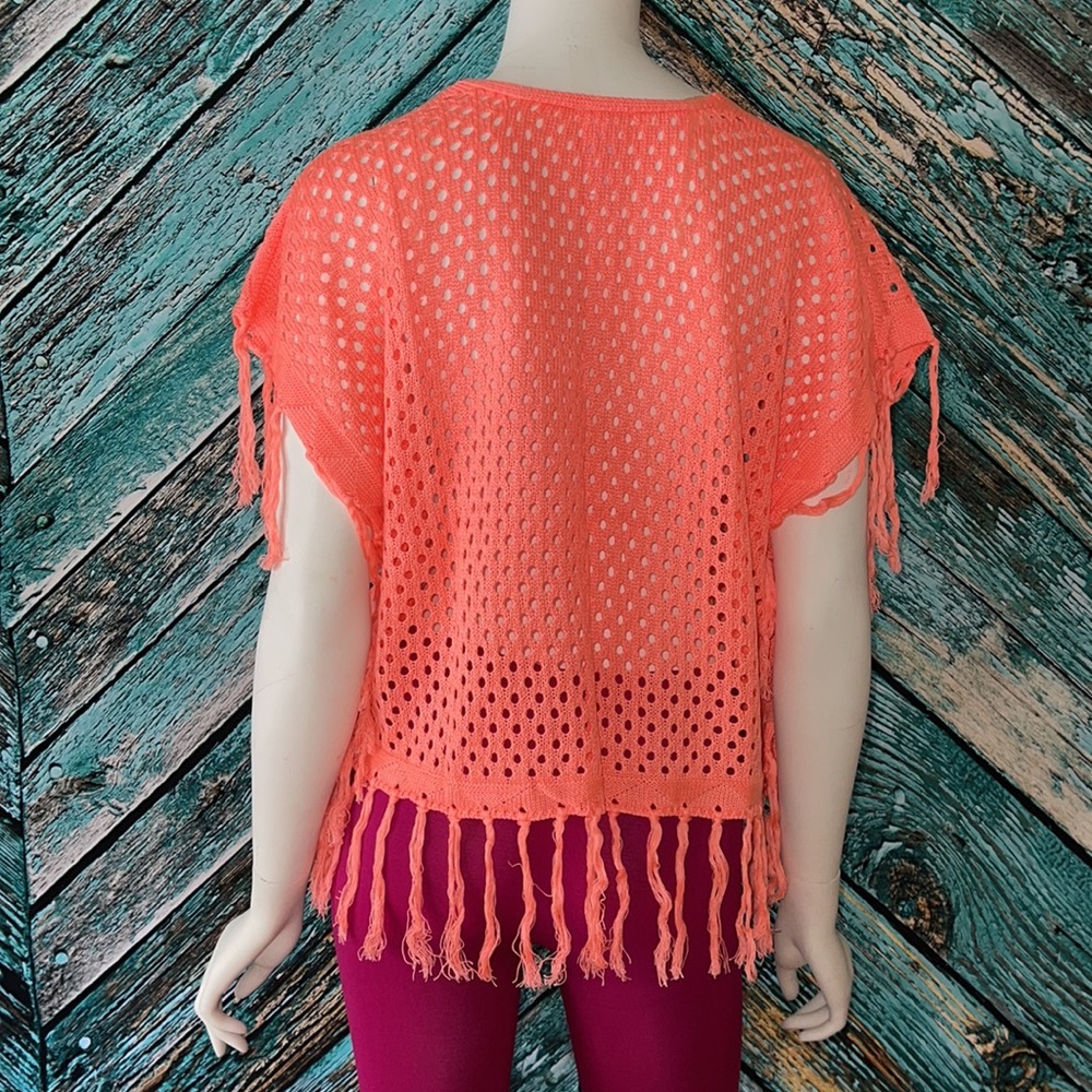 NWOT Coral Orange Pullover Crochet Poncho with Fringe - Picture 5 of 6